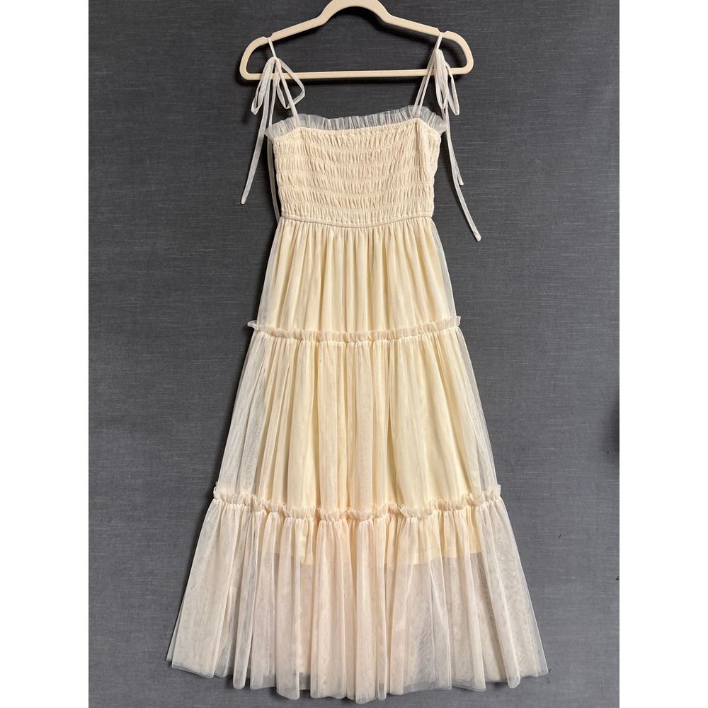 The Post Dress S Cream Tiered Smocked Tulle Mesh Adjustable Bow Romantic‎